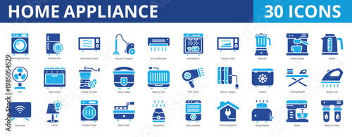 Home appliance icon pack collection set with washing machine, refrigerator, microwave oven, vacuum cleaner, air conditioner, dishwasher, toaster oven, blender, coffee maker, kettle, fan, oven stove