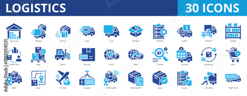 Logistic icon pack collection set with warehouse, shipping, delivery, cargo, packaging, inventory, freight, transport, storage, supply chain, import, export, tracking, procurement, order fulfilment