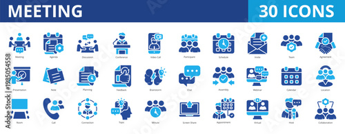 Meeting icon pack collection set with discussion, conference, schedule, team, agreement, presentation, planning, feedback, brainstorm, chat, business, management, leadership, discipline, teamwork