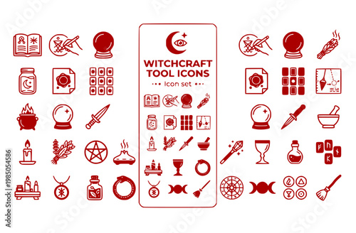 Witchcraft Modern Occult Tool Icon Set Grimoire Sigil Scrying Mirror Smoke Cleansing Moon Water Wax Seal Tarot Spread Pendulum Dowse Vector Illustration