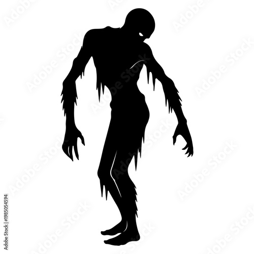 Silhouette of a terrifying zombie with tattered clothes and glowing eyes.