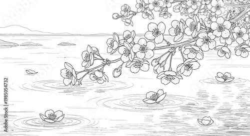 Delicate cherry blossom branch over tranquil water with fallen petals and gentle ripples. Black and white line art illustration.