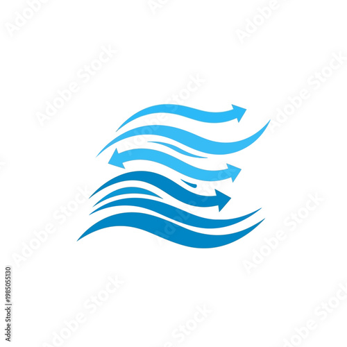 Dynamic abstract blue wavy lines with directional arrows representing air flow, water current, wind energy, ventilation, or fluid motion concept design