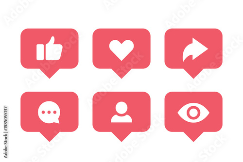 social media notification icons, comment, follow, like, views, share, red speech bubbles vector illustration