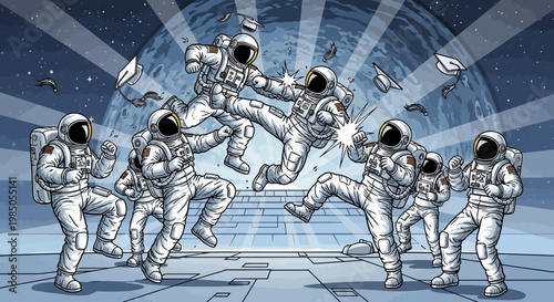 Dynamic Illustration of Astronauts Fighting in Zero Gravity, Sci-Fi Space Combat and Martial Arts Battle on a Futuristic Platform