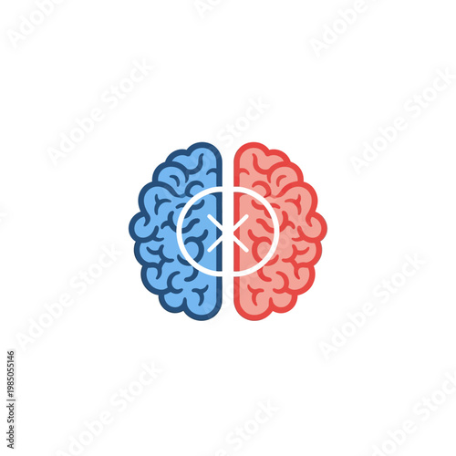 A Divided Brain Icon Symbolizing Duality and Contrasting Ideas, Represented by Blue and Red Hemispheres with a Central Circle
