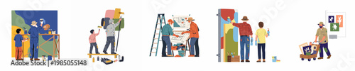 Set of illustrations showing people of different ages collaborating on mural painting, including planning, painting, and transporting art supplies for street art projects.