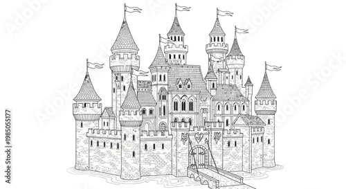 Detailed fantasy castle illustration with multiple towers and a drawbridge, hand-drawn sketch, perfect for coloring book design.