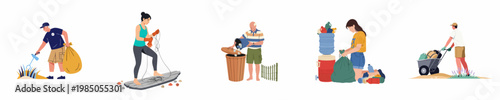 Vector illustration set of diverse people collecting trash, recycling plastic waste, and cleaning the environment for ecological sustainability.