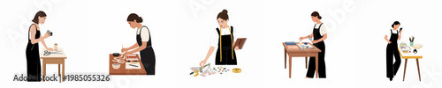Set of illustrations depicting creative women entrepreneurs working on various artisanal crafts, from photography and sewing to floral design and business planning.