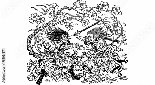 Dynamic traditional Japanese fighters in sword duel amidst cherry blossoms, intricate black and white line art illustration.