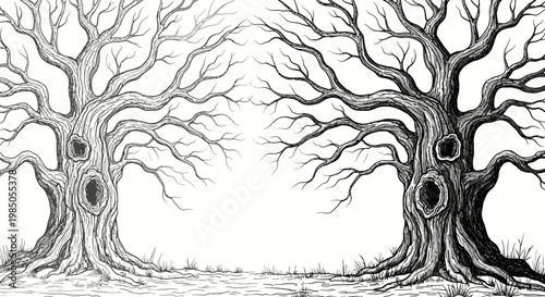 Hand-drawn illustration of two ancient, gnarled bare trees with twisted branches and spooky hollows, mystical fantasy art.