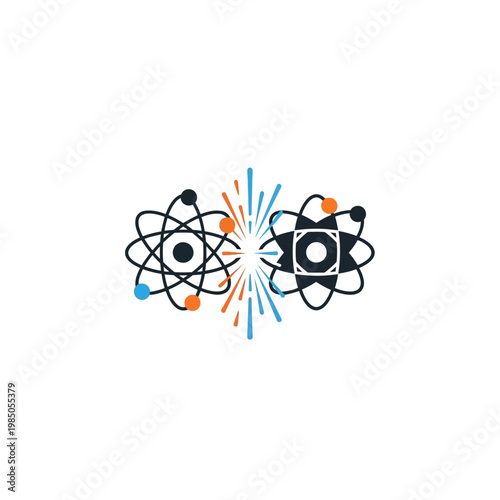 Flat color quantum entanglement icon with orbiting electrons representing scientific discovery and innovation