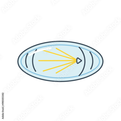 Conceptual flat design illustration depicting a focused light beam traversing an optical element, symbolizing precision and scientific innovation