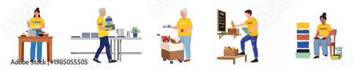 Flat illustration set of diverse volunteers in yellow t-shirts working together at a community food bank, serving food, and organizing donations for charity.