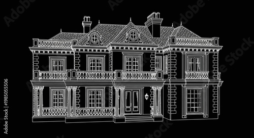 Elegant Victorian Mansion Wireframe Outline Illustration. Classic Ornate House Architectural Design on Black Background.