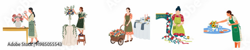 Illustrations of professional female florists and event decorators arranging flowers, creating garlands, and setting tables for a celebratory event on a white background.