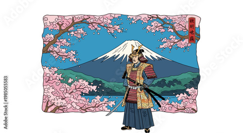 Traditional Japanese Warrior Illustration with Cherry Blossoms and Majestic Snow-Capped Mountain Landscape