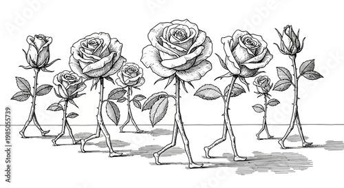 Black and white whimsical illustration: a group of anthropomorphic roses with legs walking in a surreal floral fantasy concept.