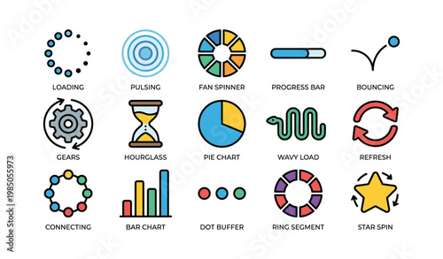 Colorful icon set illustrating loading animations and progress indicators
