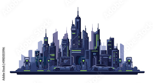 Cityscape with modern skyscrapers at night.