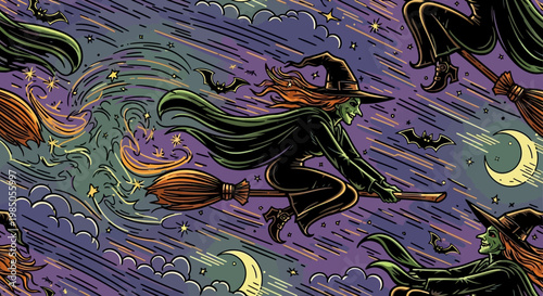Halloween seamless pattern with witches flying on broomsticks against a spooky night sky, adorned with bats and a crescent moon.