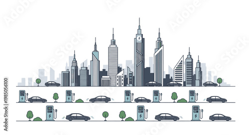 Cityscape with skyscrapers and traffic.