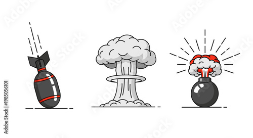 Explosion icons showing a falling bomb, mushroom cloud, and a bomb exploding with a brain inside
