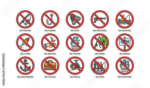 No fishing symbol set: prohibited activities and equipment icons