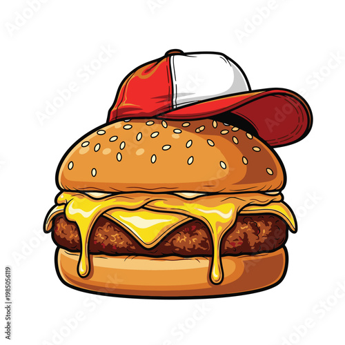 Cheeseburger with baseball cap on top.