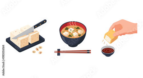 Tofu Making and Serving Process From Block to Bowl, with Soy Sauce and Chopsticks
