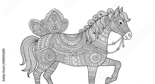 Ornate Decorated Horse Illustration with Intricate Mandala Patterns, Grayscale Drawing for Coloring Books or Adult Relaxation Art
