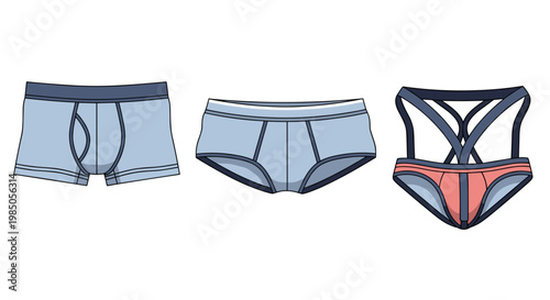 A trio of men's underwear styles including briefs, boxer briefs, and a jockstrap, presented in a clean, minimalist illustration