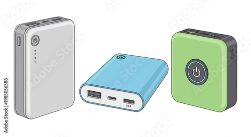 Collection of portable power bank chargers for electronic devices, illustrating modern gadget design for mobile charging solutions