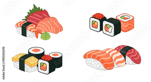 A visually appealing compilation of assorted sushi and sashimi platters, showcasing diverse ingredients and artful presentation