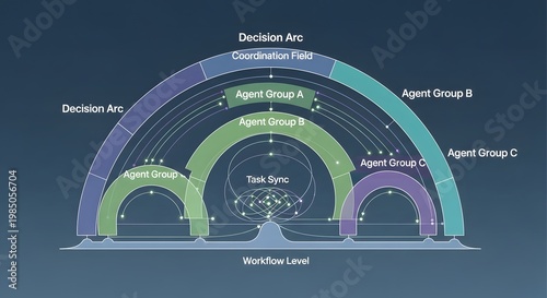 Wide Horizontal AI Agent Coordination Field Displaying Text Decision Arc Agent Group Sync Workflow Level Across Connected Automation Arcs – Intelligent System Image
