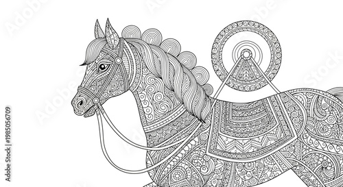 Detailed vector illustration of a vintage carousel horse, adorned with intricate patterns, perfect for adult coloring books.