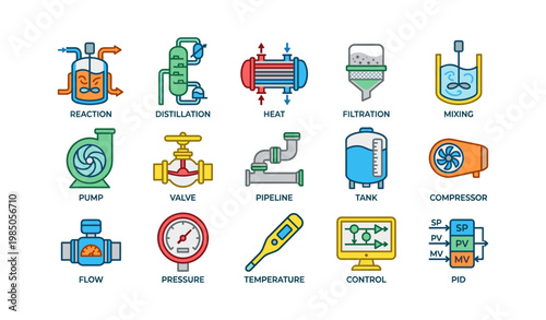 Industrial process icons set featuring distillation, filtration, mixing, heat exchange, and control systems