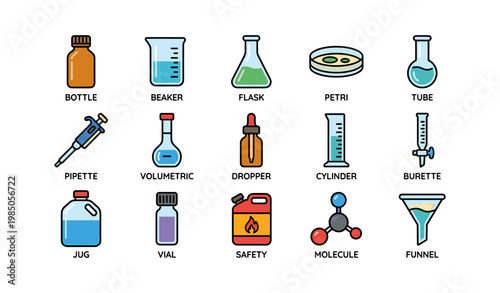 Colorful laboratory equipment icons including beaker flask petri dish and more
