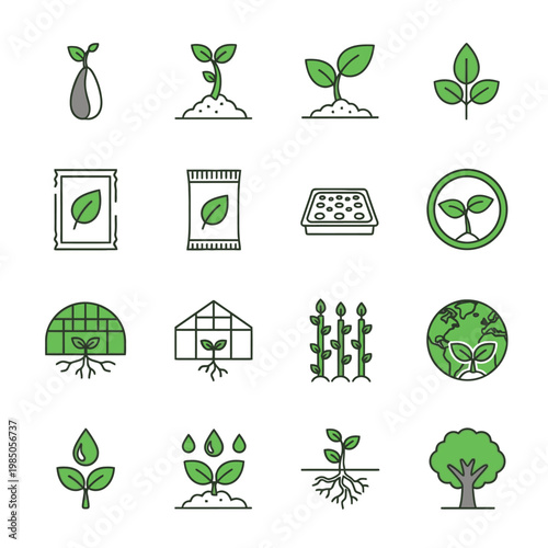 Greenhouse plants and gardening icons set 2.