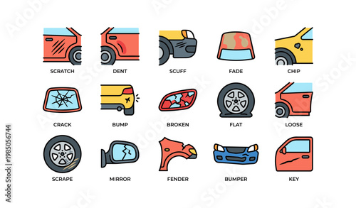 Illustrated icons of car damage types featuring scratches, dents, and broken parts