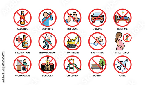 Warning signs for alcohol, machinery, driving, and more safety precautions
