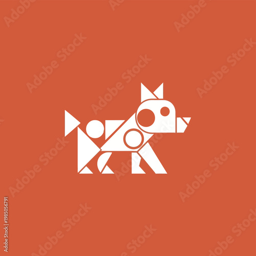 Geometric Abstract Dog Illustration White Shapes Orange Background.