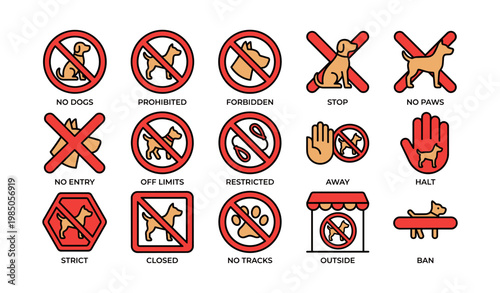 Dog prohibition signs: no entry, restricted, stop, off limits, no paws