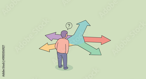 Man with question confused arrows.