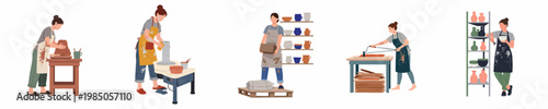Set of female potters in aprons working with clay, using a pottery wheel, and displaying finished ceramics in a studio, flat vector illustration.