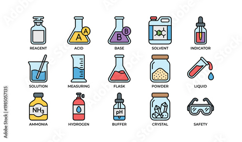 Colorful chemistry icon set featuring various laboratory items