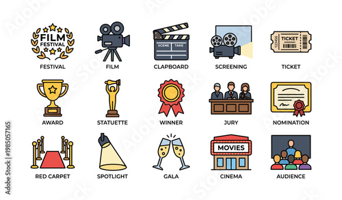 Film festival icons: awards, screening, red carpet, gala, cinema