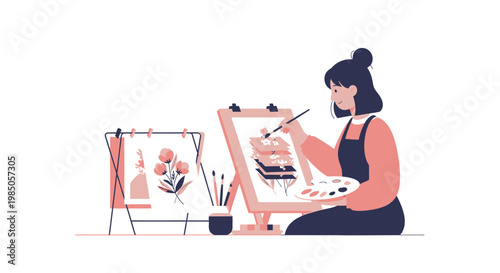 Artist painting flowers on canvas at easel, creative hobby, art studio