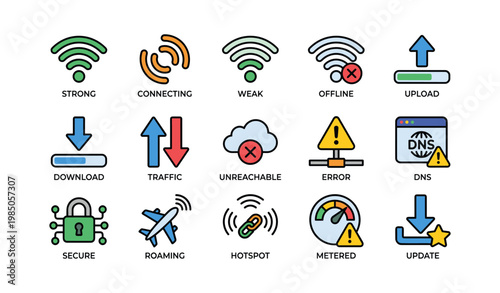 Wifi connectivity icons: strong signal, traffic, error, dns, secure network symbols